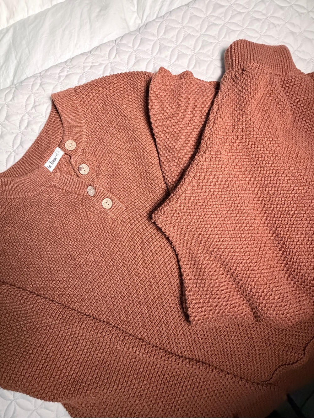 Women's Button-Neck Textured Crew Sweater & Pant Set- Terracotta - Long in back